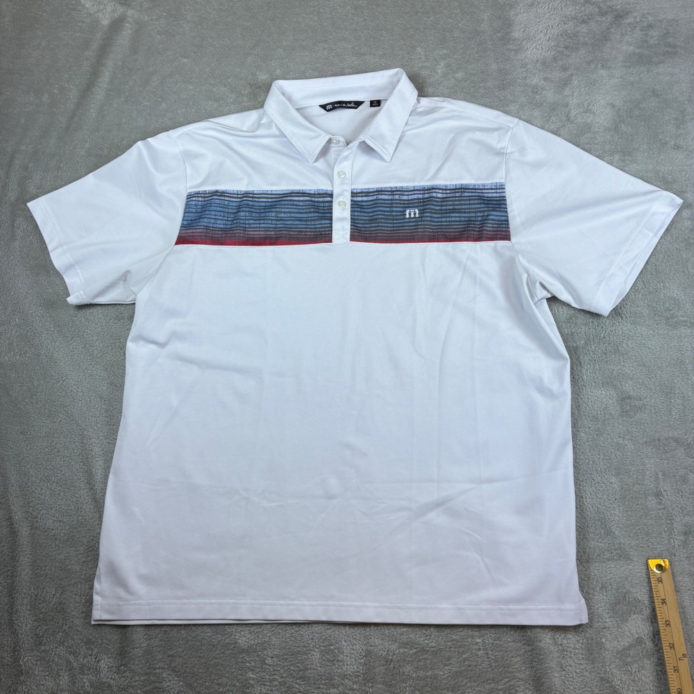 Travis Mathew Shirt Men XXL Polo Short Sleeve Graphic Chest Stripe White Stretch